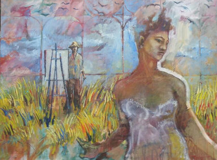 Mujer y pájaro rojo