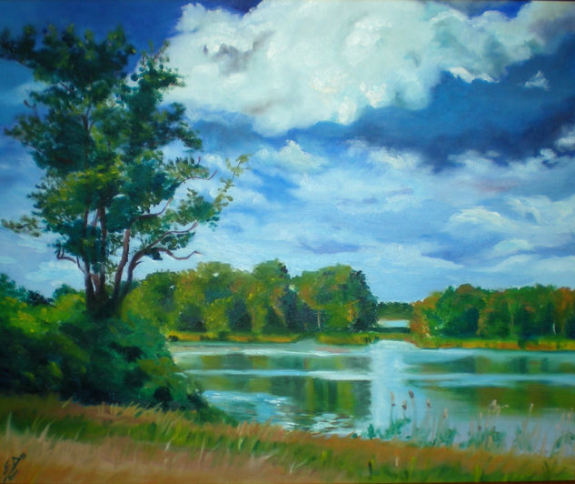 Paisaje con lago y arbol Óleo Lienzo Paisaje