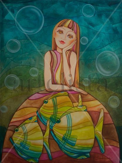 Meus peixes Oil Textile Figure Painting