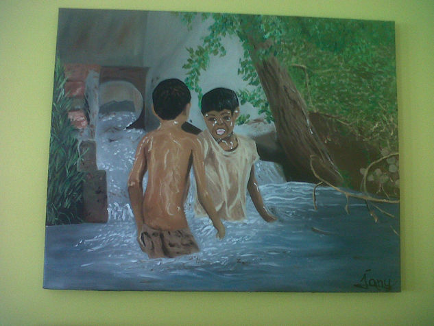 Niños en el agua Oil Canvas Portrait