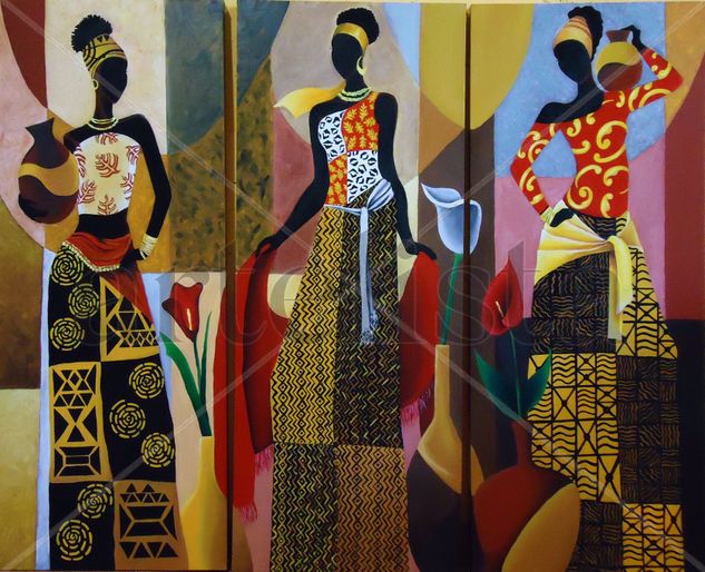 Trio de Africanas Oil Canvas Figure Painting