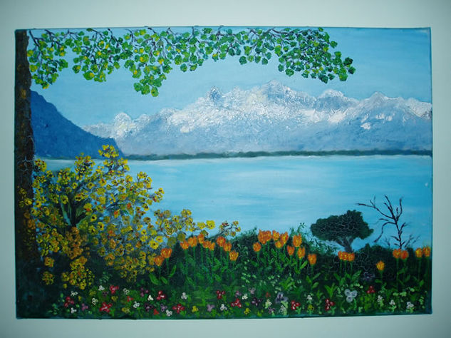 Paisaje con tulipanes Óleo Lienzo Paisaje