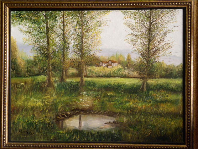 Paisaje con charca y casa
