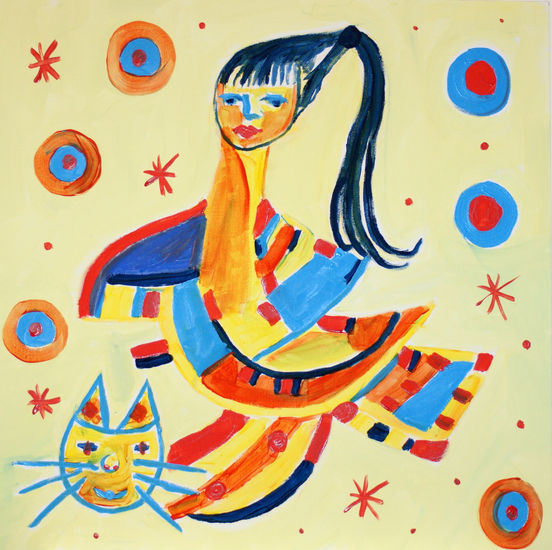 Mulher com gato Acrylic Textile Figure Painting