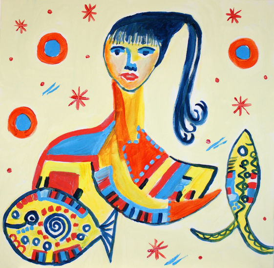 Mulher com peixes Acrylic Textile Figure Painting