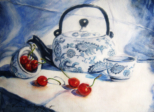 Tetera y cerezas Watercolour Paper Still Life Paintings