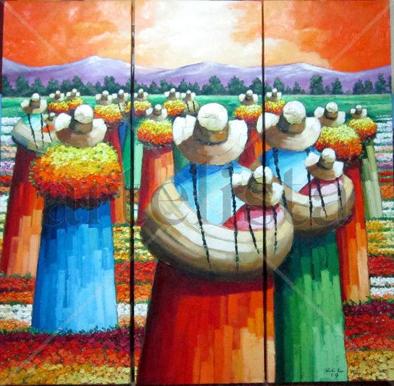 triptico ( cholas ) Oil Canvas Landscaping