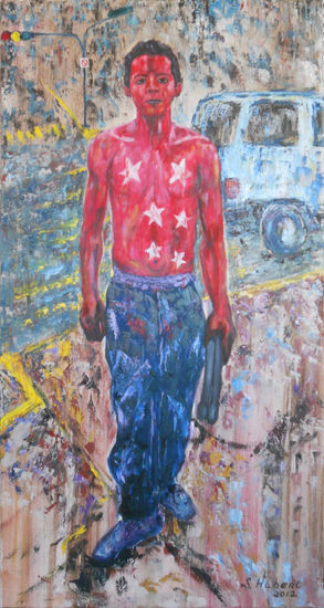 Trabajando las Calles, "Tragafuegos" Oil Canvas Figure Painting