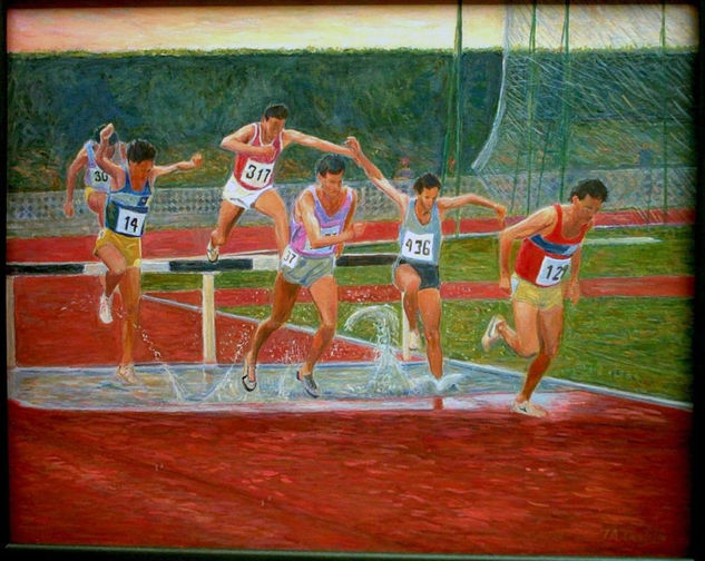 "Salto de la ria, 3000 m obstaculos" Óleo Lienzo Deportes