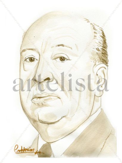 Alfred Hitchcock Acuarela Papel Retrato