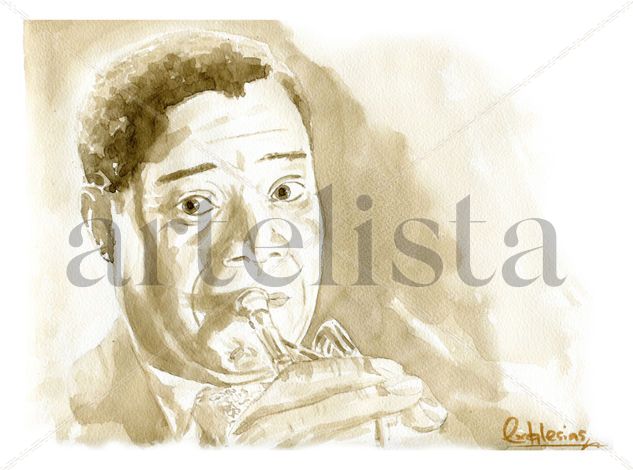 Louis Armstrong Acuarela Papel Retrato