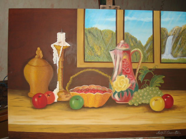 Bodegón, frutas y paisaje.