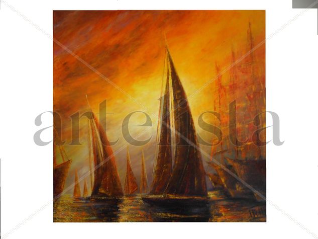 " Anochecer en el puerto" Oil Canvas Marine Painting