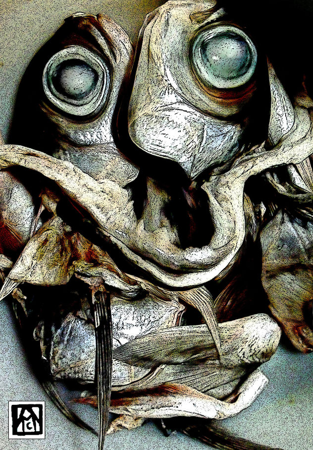 Rostro grotesco en naturaleza muerta de pescados