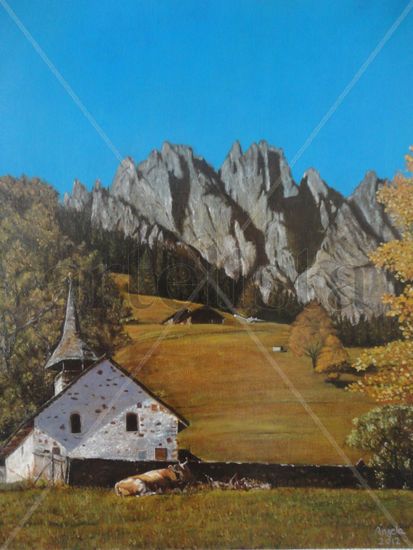 Village iglesia, Abländschen, Suiza. Oil Canvas Landscaping