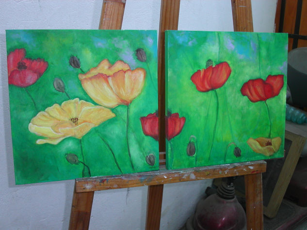 diptico Oil Textile Floral Painting