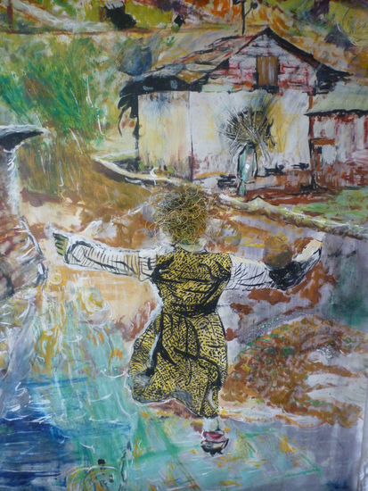 niña saltando charcos Mixed media Paper Figure Painting