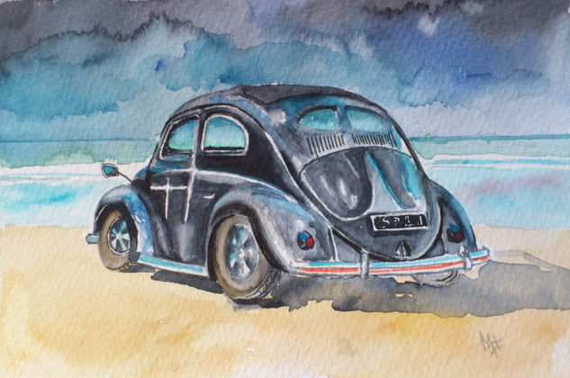 Coche en la playa Watercolour Paper Landscaping