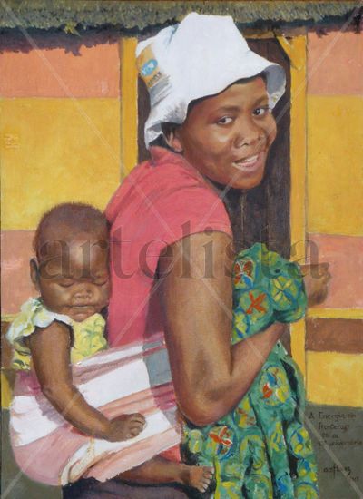 "En Zimbabue" Oil Panel Figure Painting