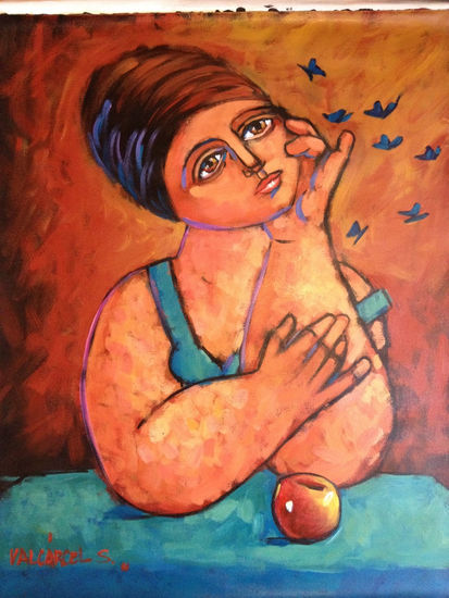 MUJER CON MARIPOSAS AZULES Acrylic Canvas Figure Painting