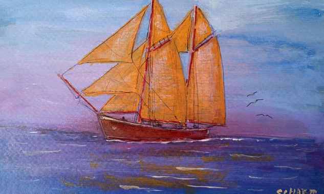 Red Schooner Acrylic Paper Marine Painting