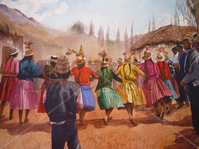 Danzantes de Huanacoma-Potosí Acuarela Cartulina Paisaje