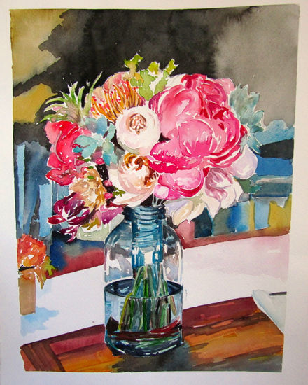 Botella con flores rosas Watercolour Paper Floral Painting