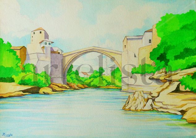 El Puente Viejo en Mostar (Stari Most) Acuarela Papel Paisaje