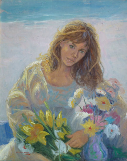 figura con flores Oil Canvas Figure Painting