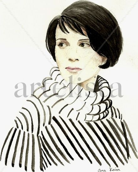 Mme Binoche Acuarela Papel Retrato