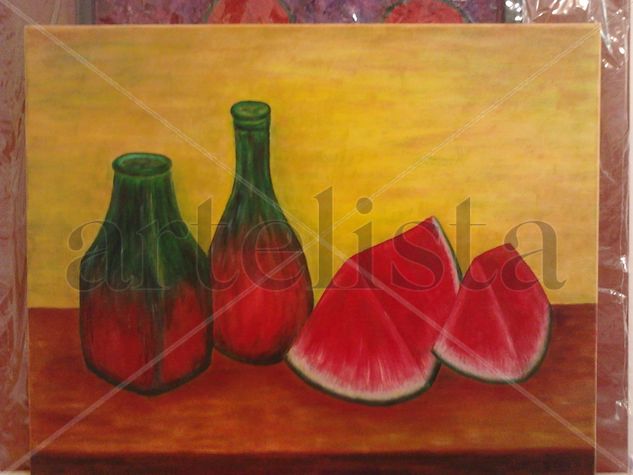 Sandia con botellas Oil Canvas Still Life Paintings