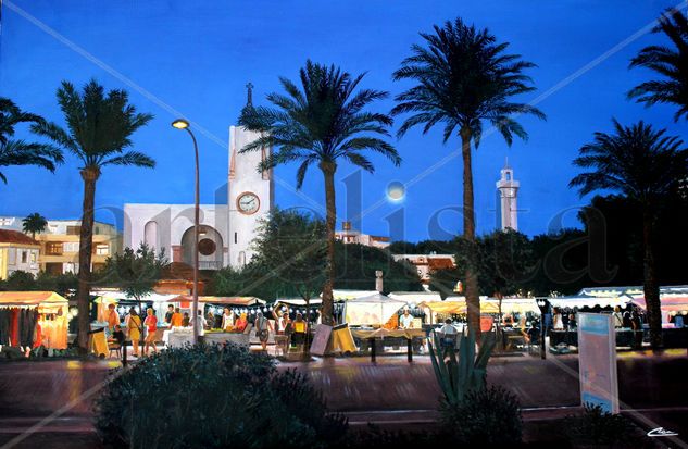 MERCADILLO NOCTURNO EN PLAYA DE PALMA Óleo Lienzo Paisaje