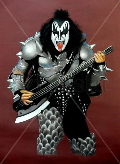 Retrato Gene Simmons con axe bass Pastel Paper Figure Painting