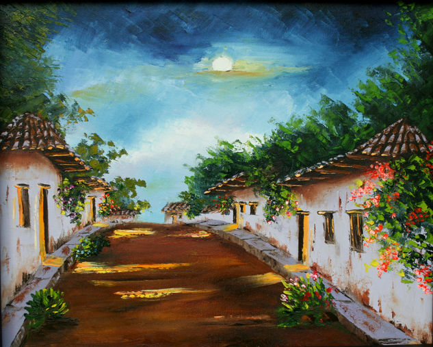 13-001 Nocturno, Calle pueblo Colombiano Óleo Lienzo Paisaje