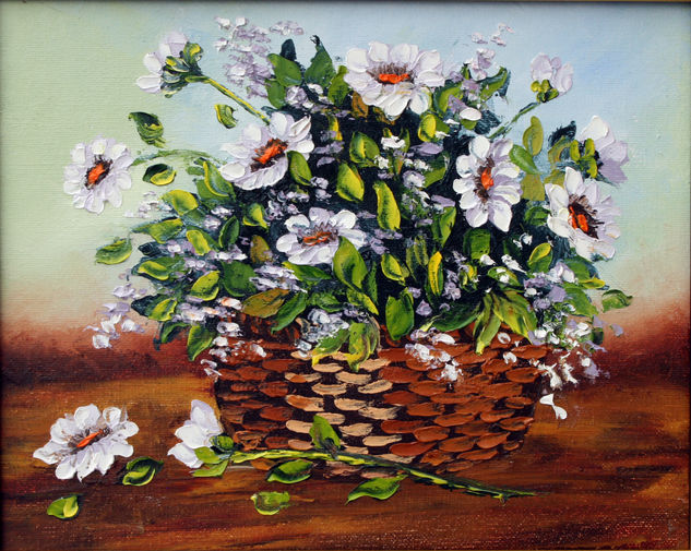 12-025 Canasta con margaritas Oil Canvas Floral Painting