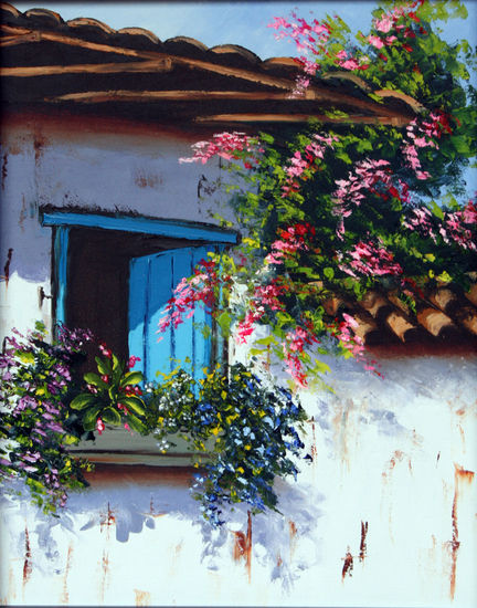 13-002 Ventana casa pueblo Colombiano Oil Canvas Landscaping