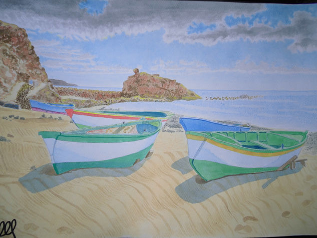 Barcas en la playa del Burrero Watercolour Paper Marine Painting