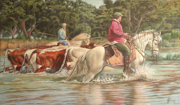 Toros y caballos cruzando el rio Acrílico Tabla Animales