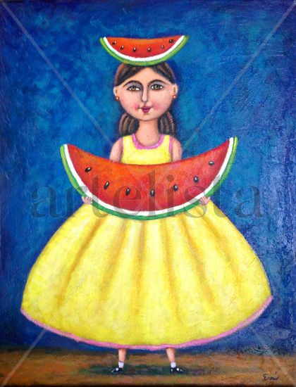 Niña con sandias Mixed media Canvas Figure Painting