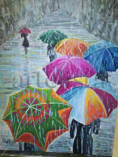 Paseando bajo la lluvia Oil Canvas Figure Painting