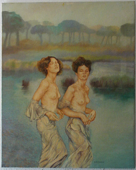 Desnudo de dos figuras con fondo velado Oil Canvas Nude Paintings