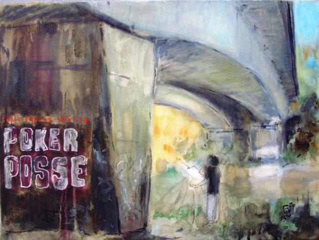 Pintor bajo puente y graffiti.