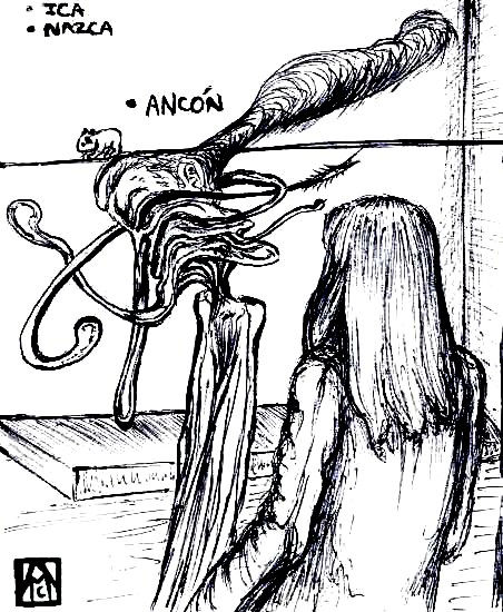 Muchacha observando una verdadera descomposición líquida flotante mientras entre la palabra ancón y la línea ecuatorial de la pared hace equilibrio un cuy o conejillo de indias (Cavia porcellus)