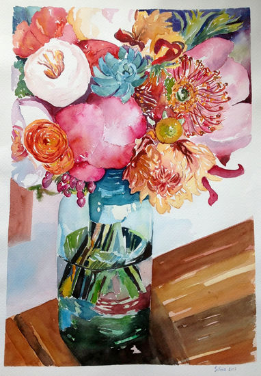 Botella con flores rosas II Watercolour Paper Floral Painting