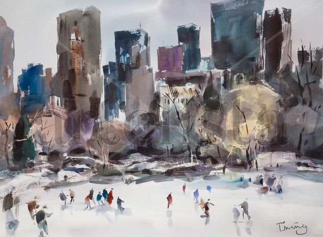 Patinando en Central Park Watercolour Paper Landscaping