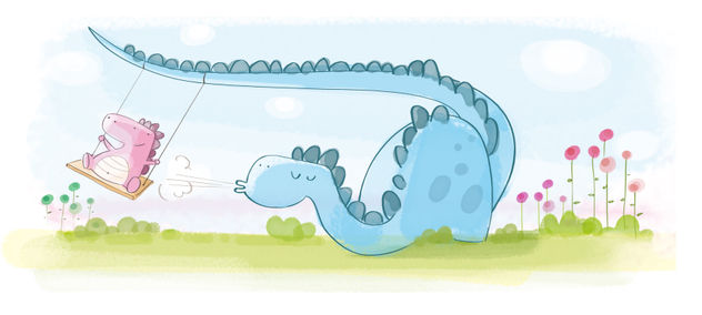 Mama Dino columpia a su pequeño.