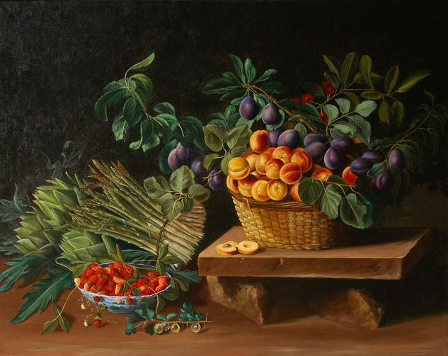 Bodegón con frutas, espárragos y alcachofas Oil Canvas Still Life Paintings