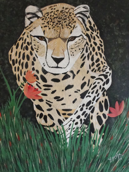 chita corriendo entre flores Acrylic Canvas Animals