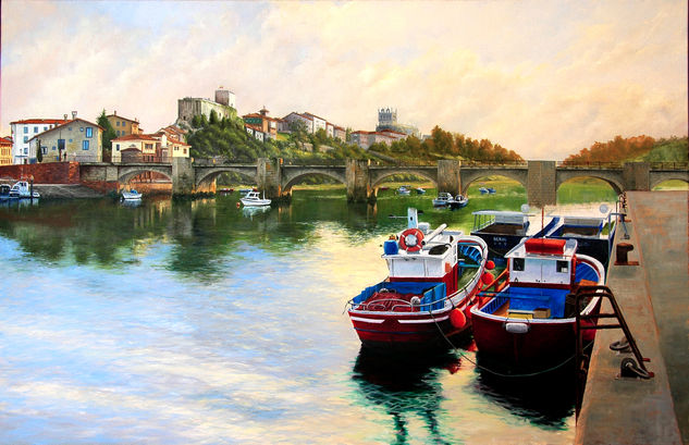 Vista de San Vicente de la Barquera desde el puerto Oil Canvas Marine Painting