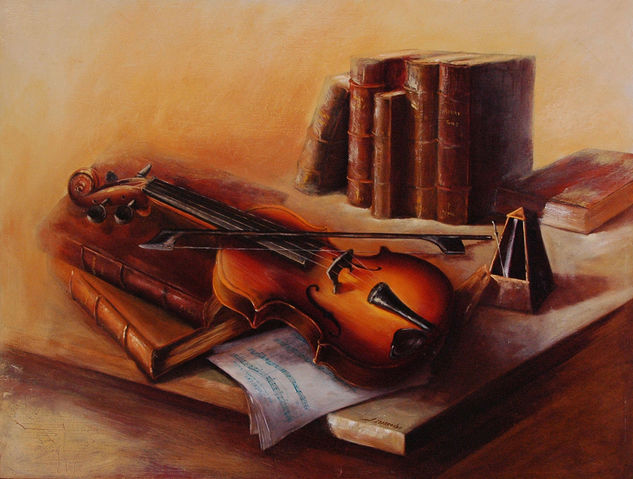 Bodegón con violín Oil Panel Still Life Paintings